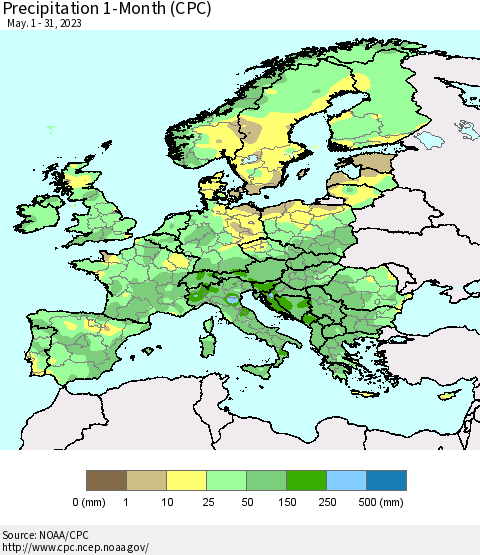 Europe Precipitation 1-Month (CPC) Thematic Map For 5/1/2023 - 5/31/2023