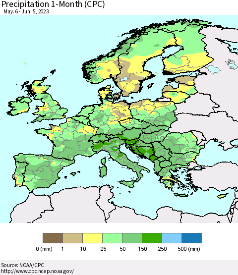 Europe Precipitation 1-Month (CPC) Thematic Map For 5/6/2023 - 6/5/2023