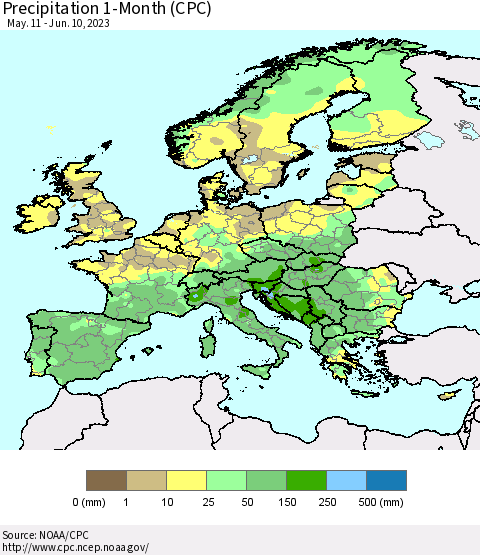 Europe Precipitation 1-Month (CPC) Thematic Map For 5/11/2023 - 6/10/2023