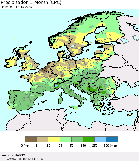 Europe Precipitation 1-Month (CPC) Thematic Map For 5/16/2023 - 6/15/2023