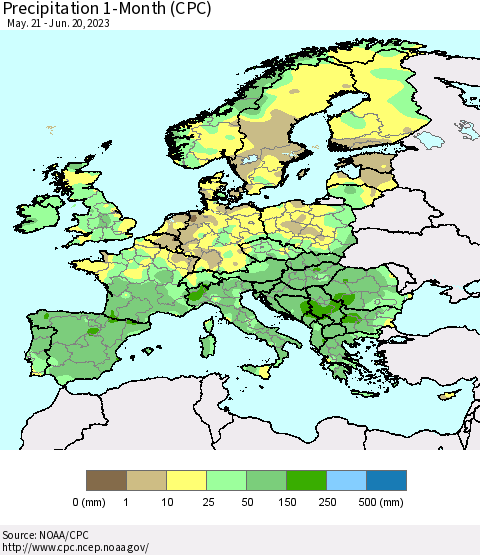 Europe Precipitation 1-Month (CPC) Thematic Map For 5/21/2023 - 6/20/2023