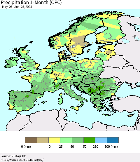 Europe Precipitation 1-Month (CPC) Thematic Map For 5/26/2023 - 6/25/2023