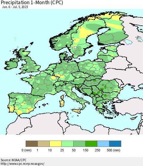 Europe Precipitation 1-Month (CPC) Thematic Map For 6/6/2023 - 7/5/2023