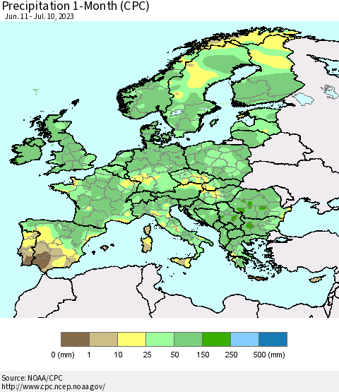 Europe Precipitation 1-Month (CPC) Thematic Map For 6/11/2023 - 7/10/2023