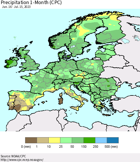 Europe Precipitation 1-Month (CPC) Thematic Map For 6/16/2023 - 7/15/2023