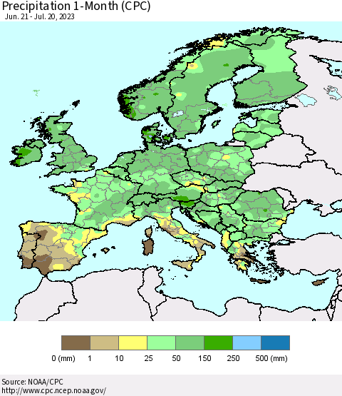 Europe Precipitation 1-Month (CPC) Thematic Map For 6/21/2023 - 7/20/2023