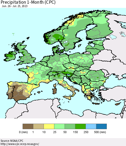 Europe Precipitation 1-Month (CPC) Thematic Map For 6/26/2023 - 7/25/2023