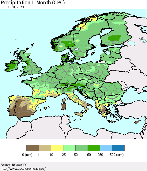 Europe Precipitation 1-Month (CPC) Thematic Map For 7/1/2023 - 7/31/2023