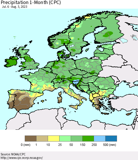 Europe Precipitation 1-Month (CPC) Thematic Map For 7/6/2023 - 8/5/2023