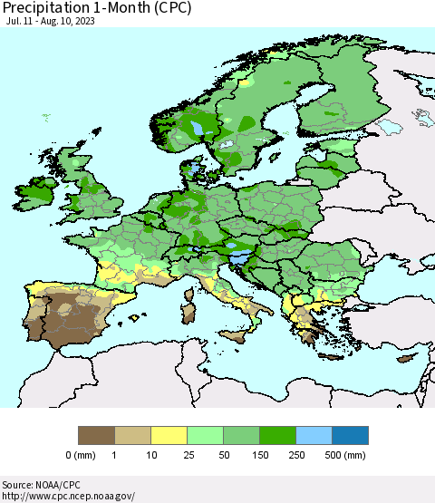 Europe Precipitation 1-Month (CPC) Thematic Map For 7/11/2023 - 8/10/2023