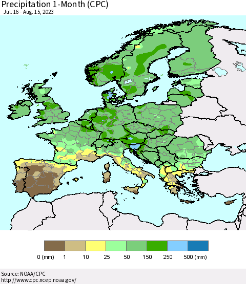 Europe Precipitation 1-Month (CPC) Thematic Map For 7/16/2023 - 8/15/2023