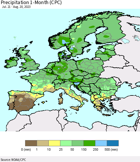 Europe Precipitation 1-Month (CPC) Thematic Map For 7/21/2023 - 8/20/2023