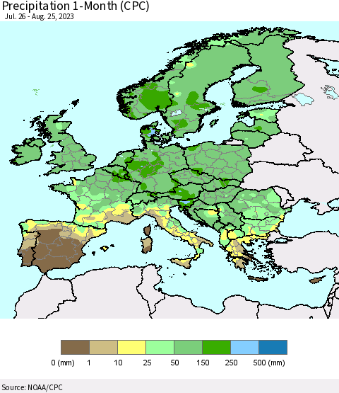 Europe Precipitation 1-Month (CPC) Thematic Map For 7/26/2023 - 8/25/2023