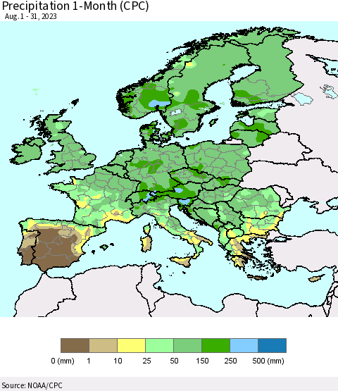 Europe Precipitation 1-Month (CPC) Thematic Map For 8/1/2023 - 8/31/2023