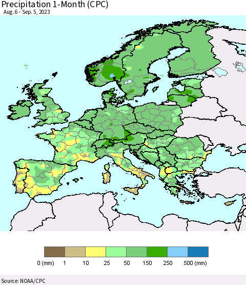 Europe Precipitation 1-Month (CPC) Thematic Map For 8/6/2023 - 9/5/2023