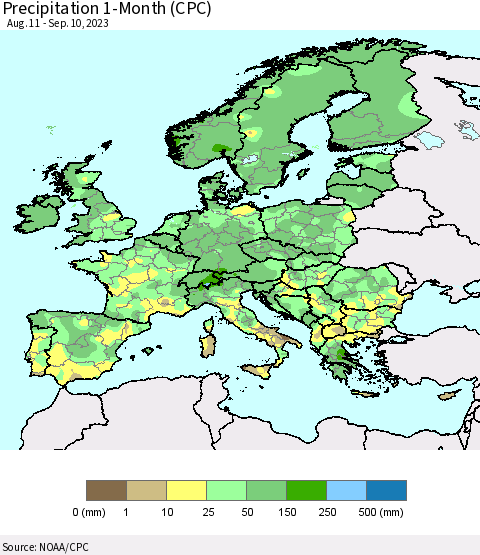 Europe Precipitation 1-Month (CPC) Thematic Map For 8/11/2023 - 9/10/2023