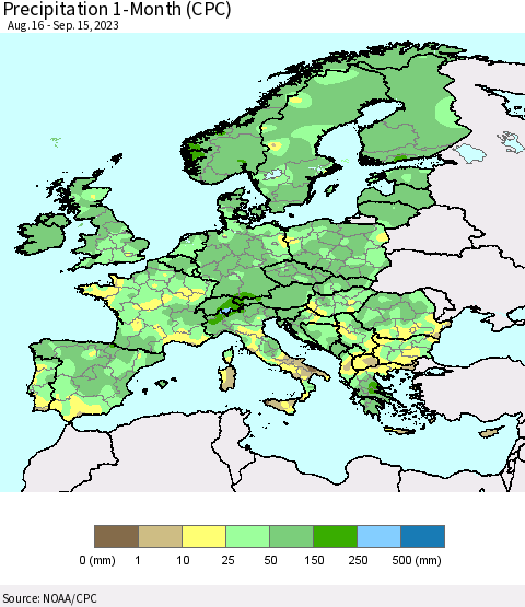 Europe Precipitation 1-Month (CPC) Thematic Map For 8/16/2023 - 9/15/2023