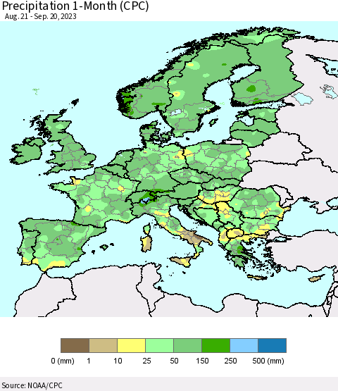 Europe Precipitation 1-Month (CPC) Thematic Map For 8/21/2023 - 9/20/2023