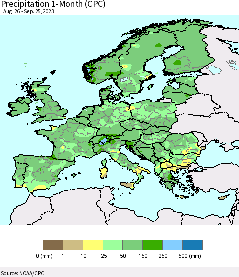 Europe Precipitation 1-Month (CPC) Thematic Map For 8/26/2023 - 9/25/2023