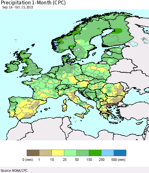 Europe Precipitation 1-Month (CPC) Thematic Map For 9/16/2023 - 10/15/2023