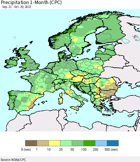 Europe Precipitation 1-Month (CPC) Thematic Map For 9/21/2023 - 10/20/2023