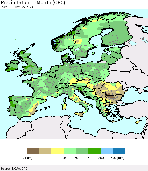 Europe Precipitation 1-Month (CPC) Thematic Map For 9/26/2023 - 10/25/2023