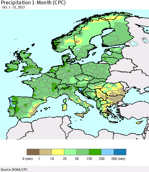 Europe Precipitation 1-Month (CPC) Thematic Map For 10/1/2023 - 10/31/2023