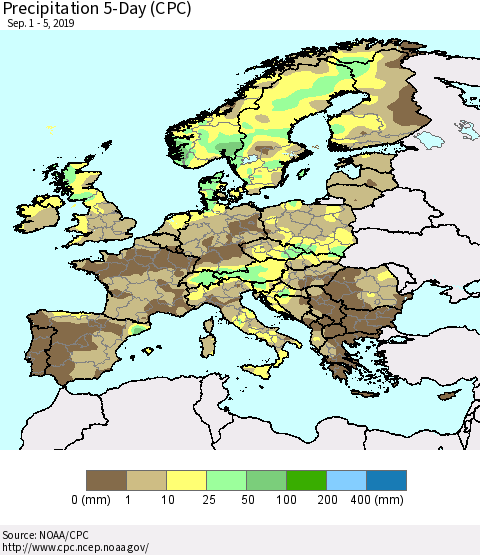 Europe Precipitation 5-Day (CPC) Thematic Map For 9/1/2019 - 9/5/2019