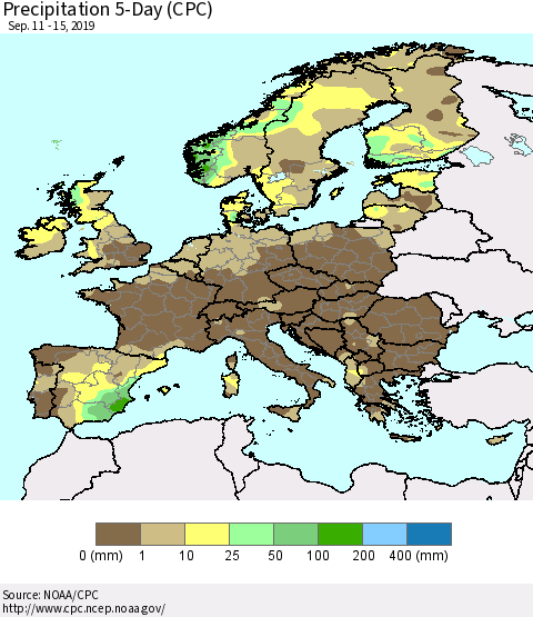 Europe Precipitation 5-Day (CPC) Thematic Map For 9/11/2019 - 9/15/2019