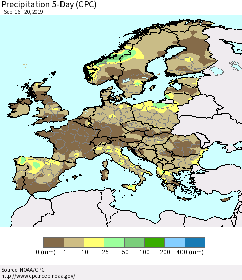 Europe Precipitation 5-Day (CPC) Thematic Map For 9/16/2019 - 9/20/2019