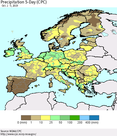 Europe Precipitation 5-Day (CPC) Thematic Map For 10/1/2019 - 10/5/2019