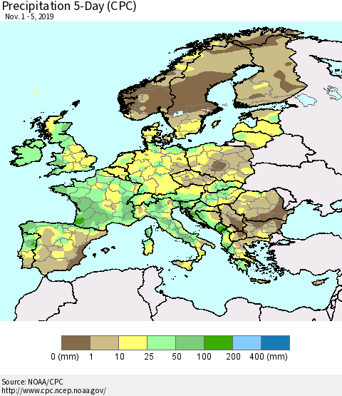 Europe Precipitation 5-Day (CPC) Thematic Map For 11/1/2019 - 11/5/2019