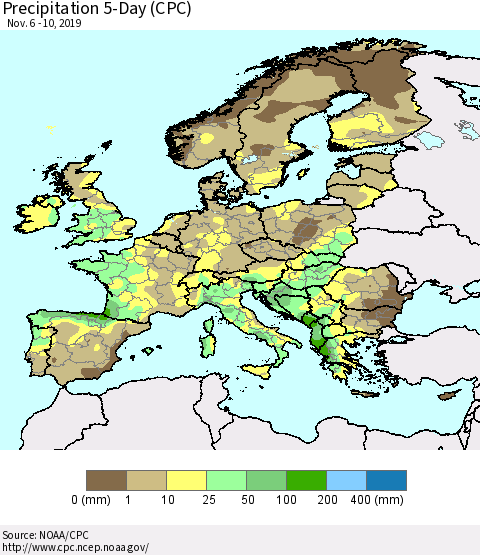 Europe Precipitation 5-Day (CPC) Thematic Map For 11/6/2019 - 11/10/2019