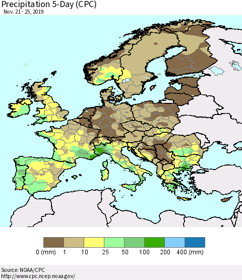 Europe Precipitation 5-Day (CPC) Thematic Map For 11/21/2019 - 11/25/2019