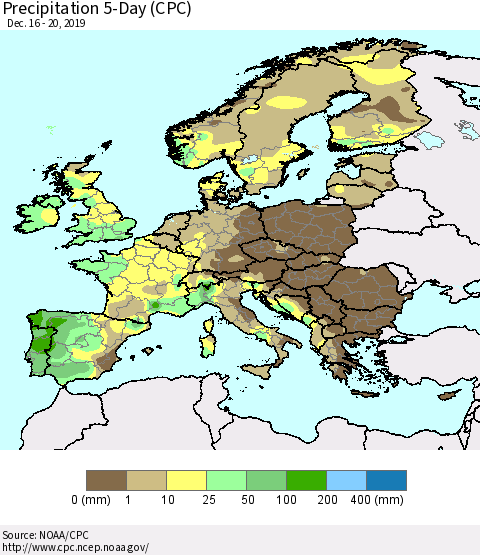 Europe Precipitation 5-Day (CPC) Thematic Map For 12/16/2019 - 12/20/2019