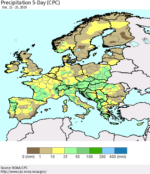Europe Precipitation 5-Day (CPC) Thematic Map For 12/21/2019 - 12/25/2019