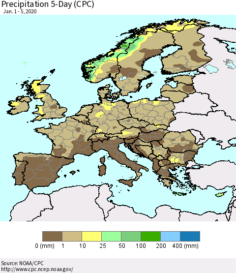 Europe Precipitation 5-Day (CPC) Thematic Map For 1/1/2020 - 1/5/2020