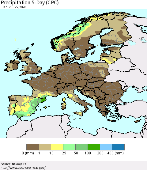 Europe Precipitation 5-Day (CPC) Thematic Map For 1/21/2020 - 1/25/2020