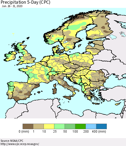 Europe Precipitation 5-Day (CPC) Thematic Map For 1/26/2020 - 1/31/2020