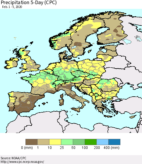Europe Precipitation 5-Day (CPC) Thematic Map For 2/1/2020 - 2/5/2020