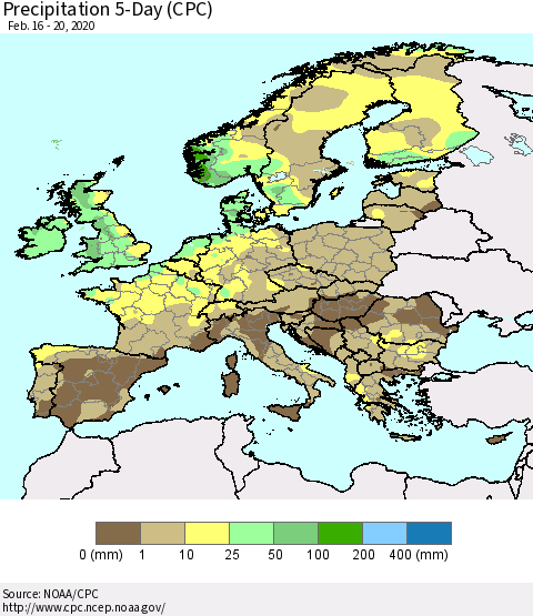 Europe Precipitation 5-Day (CPC) Thematic Map For 2/16/2020 - 2/20/2020