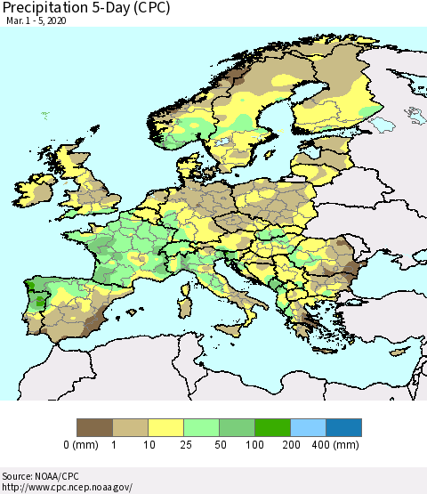 Europe Precipitation 5-Day (CPC) Thematic Map For 3/1/2020 - 3/5/2020