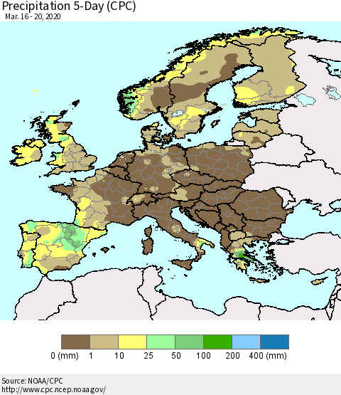 Europe Precipitation 5-Day (CPC) Thematic Map For 3/16/2020 - 3/20/2020