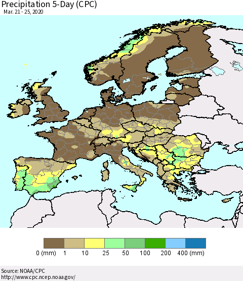 Europe Precipitation 5-Day (CPC) Thematic Map For 3/21/2020 - 3/25/2020
