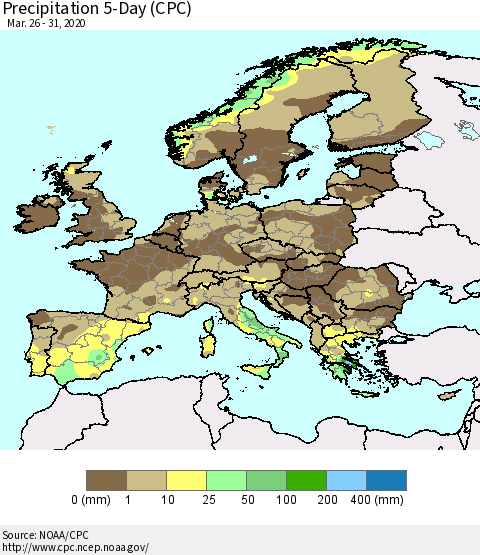 Europe Precipitation 5-Day (CPC) Thematic Map For 3/26/2020 - 3/31/2020