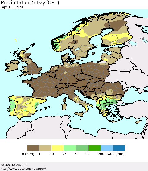 Europe Precipitation 5-Day (CPC) Thematic Map For 4/1/2020 - 4/5/2020