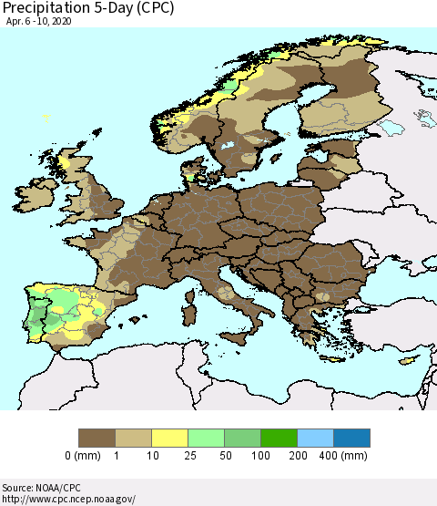 Europe Precipitation 5-Day (CPC) Thematic Map For 4/6/2020 - 4/10/2020