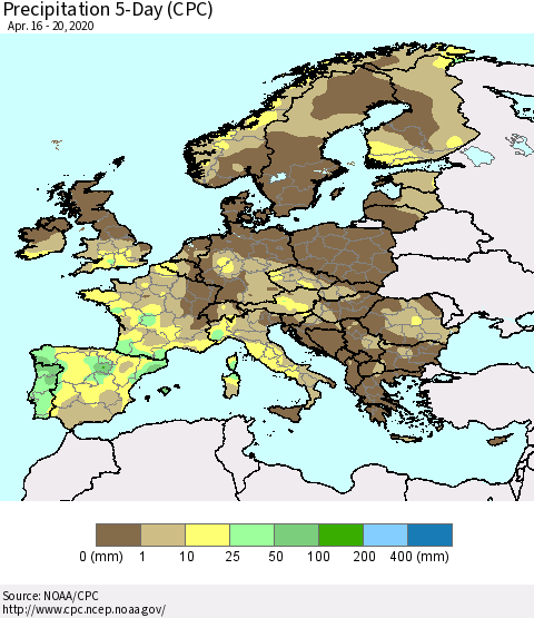 Europe Precipitation 5-Day (CPC) Thematic Map For 4/16/2020 - 4/20/2020