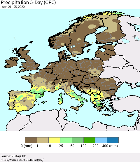 Europe Precipitation 5-Day (CPC) Thematic Map For 4/21/2020 - 4/25/2020