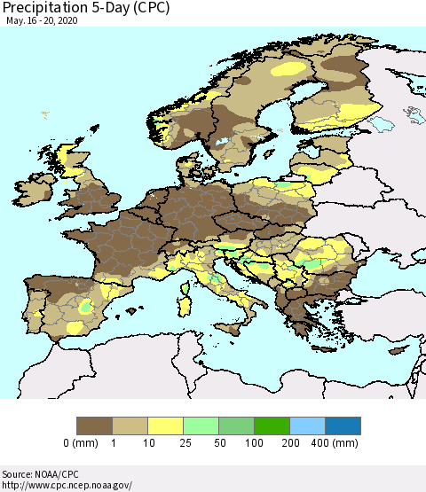 Europe Precipitation 5-Day (CPC) Thematic Map For 5/16/2020 - 5/20/2020